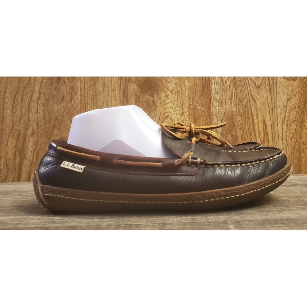 LL Bean Handsewn Moccasin Flannel Lined Slippers Mens Size 8 Brown Leather